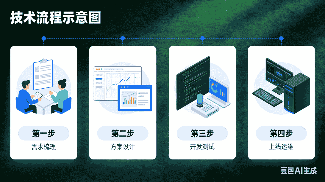 技术流程示意图（需求梳理→方案设计→开发测试→上线运维）